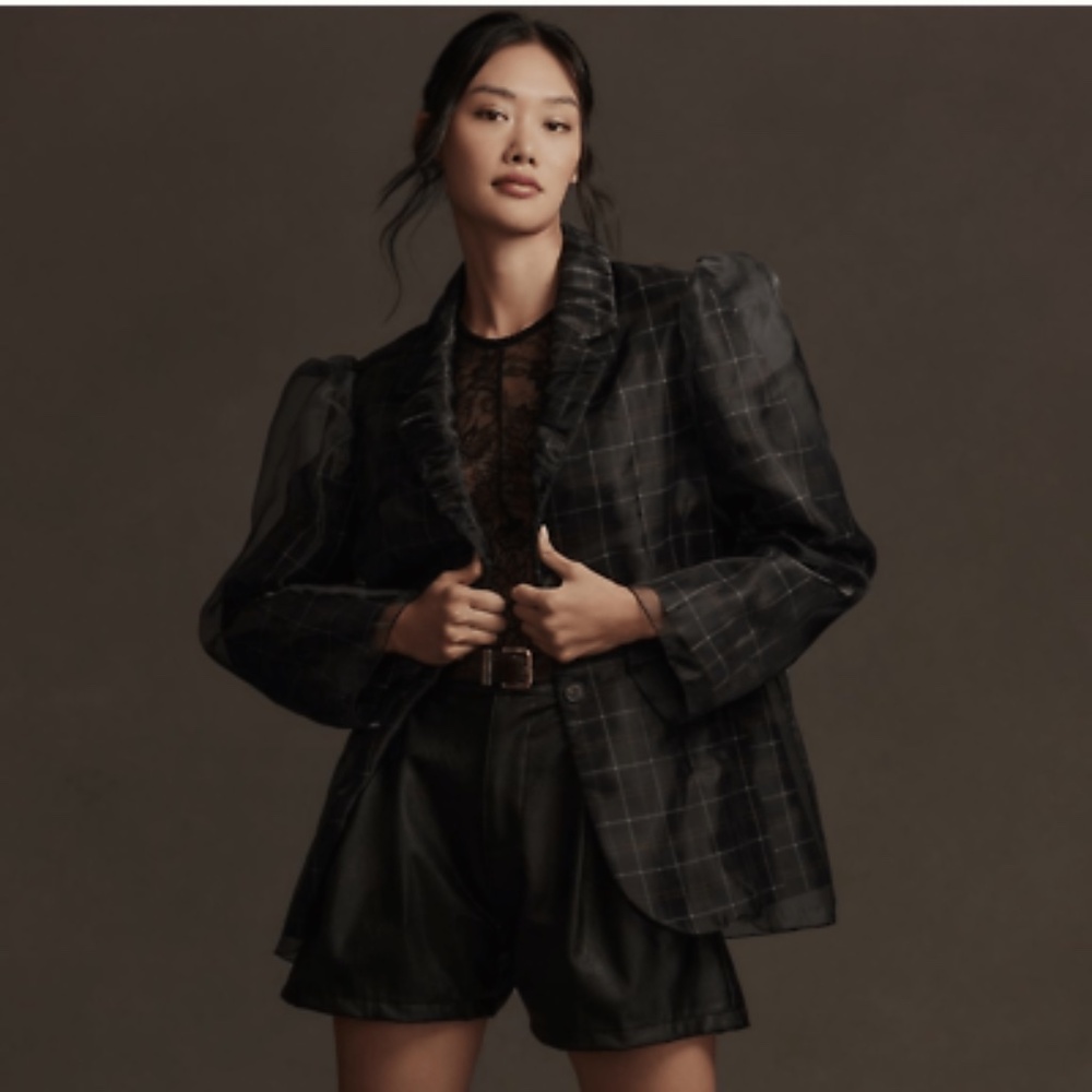 By Anthropology Tulle Overlay Plaid Blazer Navy XL